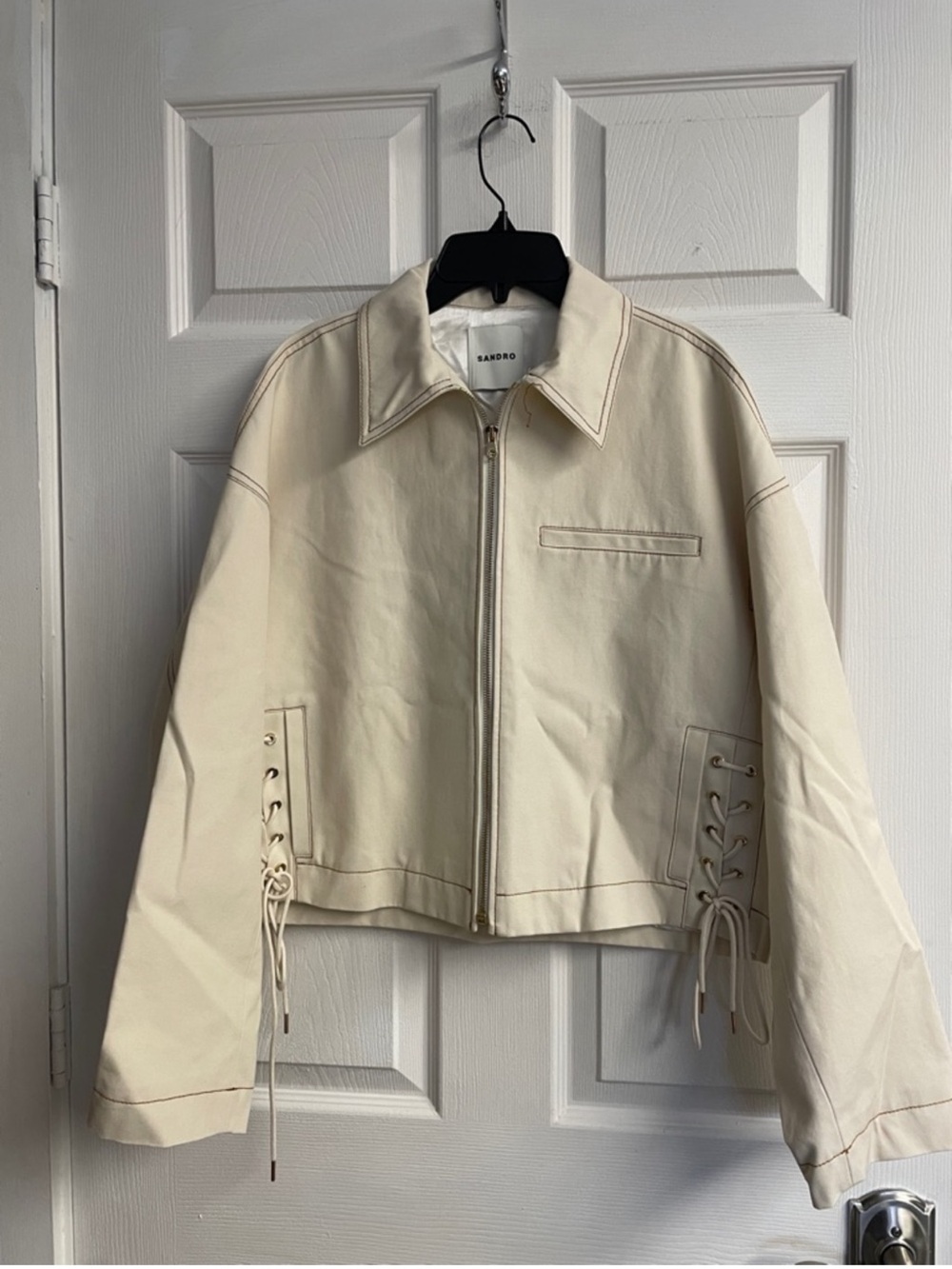 Sandro Cream Lace-Up Side Zip Jacket